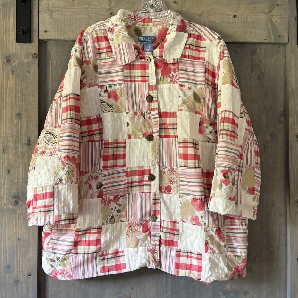 Koret Patchwork Blazer Jacket Women's Size 22W 3/4 Sleeve Button Front Lined